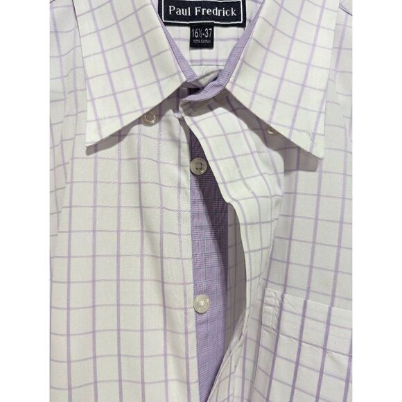 Paul Fredrick Men's White & Lavender Window Pane Print Button-Down Shirt Size 16 - Picture 3 of 5